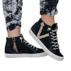 Vintage Lockwood High Top Havana's Black Suede with Gold Sequin "V" Size 8.5